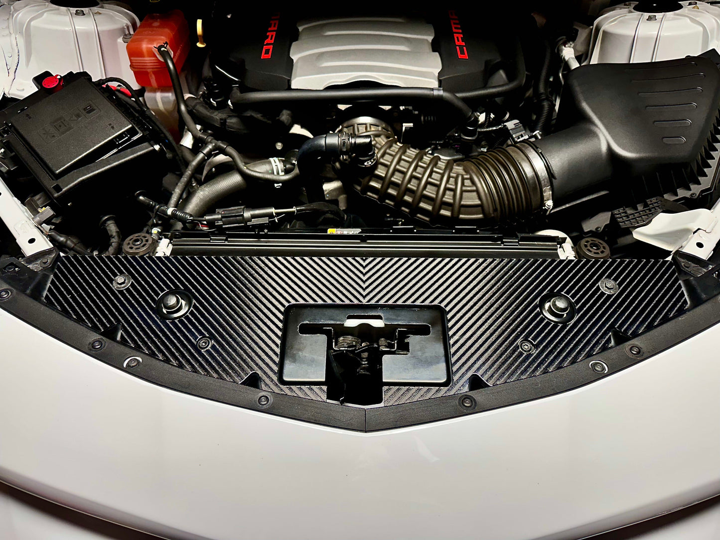 Carbon fiber camaro engine cover 4x4 twill weave installed in engine bay