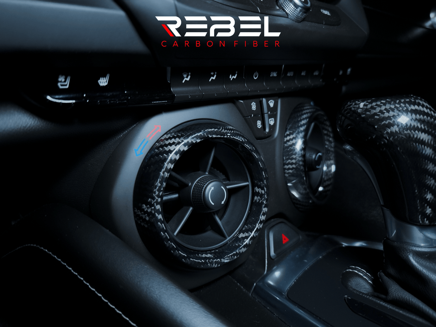 Camaro interior carbon fiber air vent covers side view