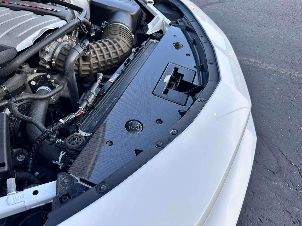 Carbon Fiber-Camaro Radiator Cover In Engine Bay On Road