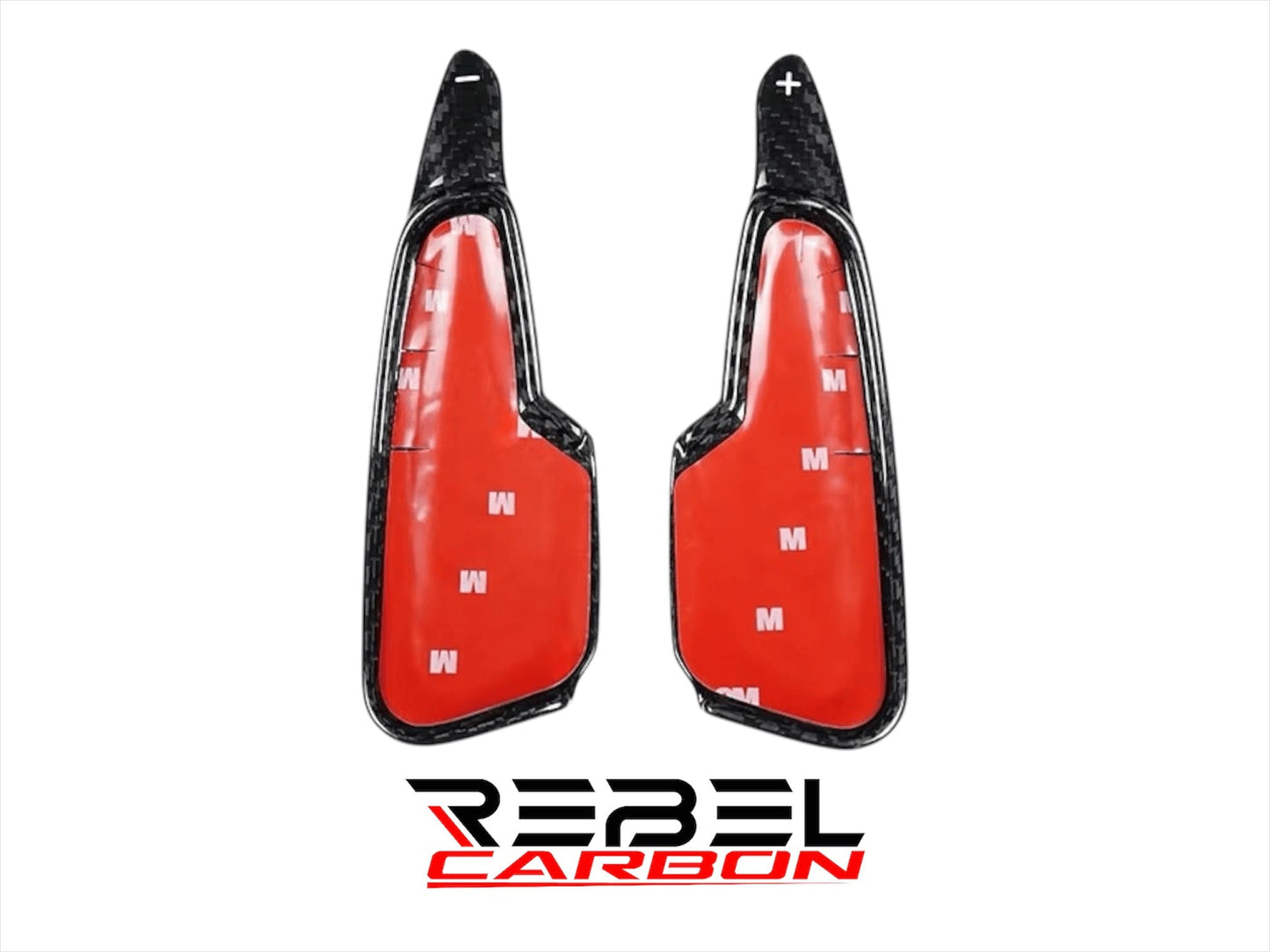 Rebel Carbon Fiber paddle shifter extensions for C8 Corvette with 3M adhesive backing and glossy carbon fiber finish