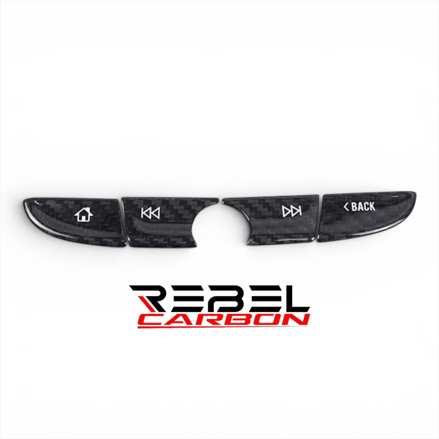 Rebel Carbon Fiber radio and navigation button covers with a glossy 2x2 twill weave finish for 6th-Gen Camaro