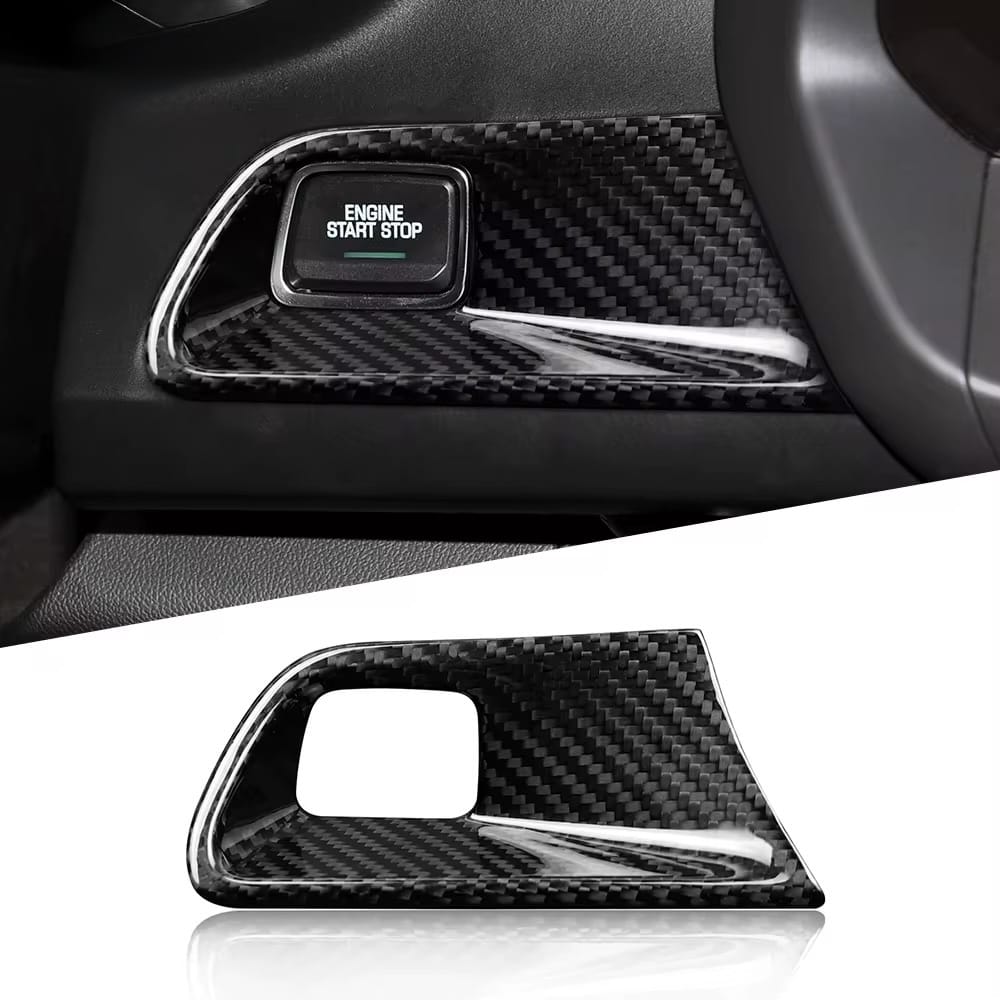 
                  
                    Rebel Carbon Fiber start stop button surround cover with a glossy 2x2 twill weave finish for 6th-Gen Camaro interior
                  
                
