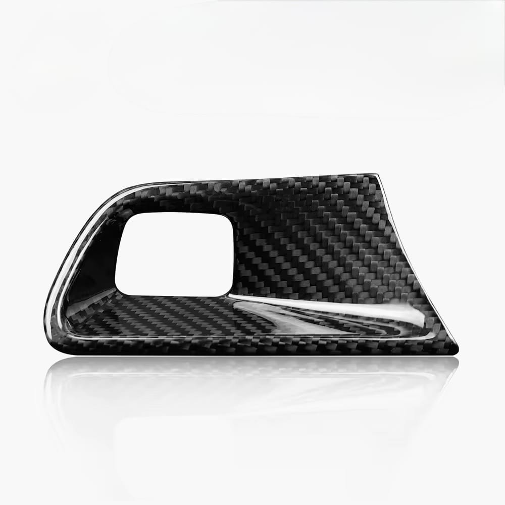 Rebel Carbon Fiber start stop button surround cover with a glossy 2x2 twill weave finish for 6th-Gen Camaro interior