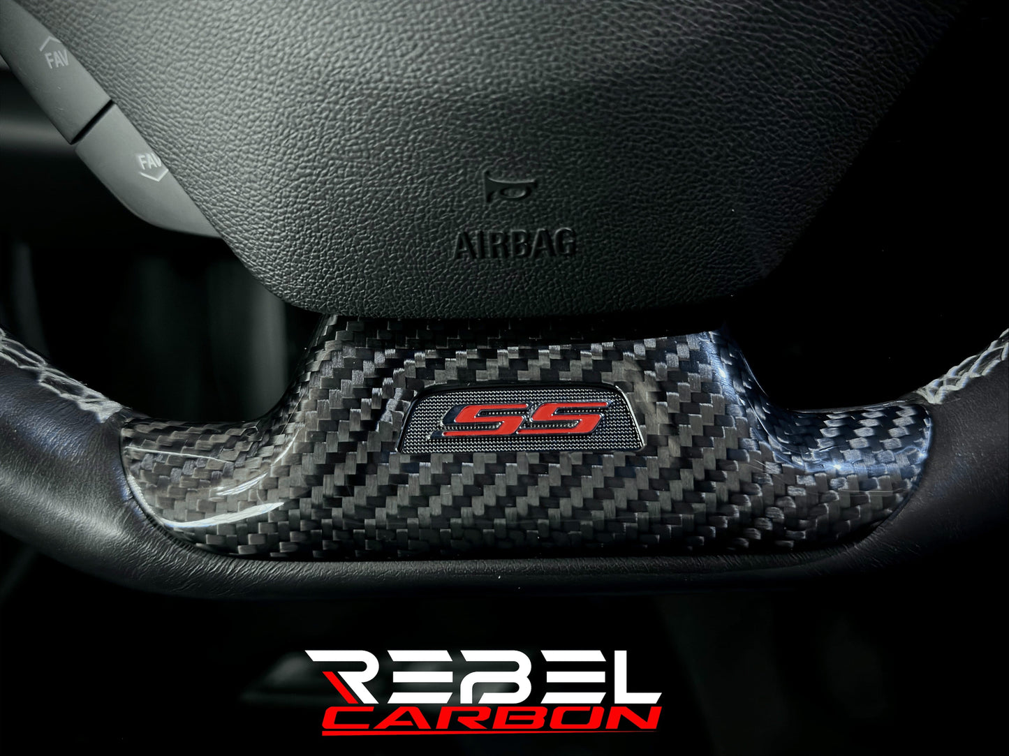 Rebel Carbon Fiber lower steering wheel cover with gloss 2x2 twill weave and SS emblem for 6th-Gen Camaro
